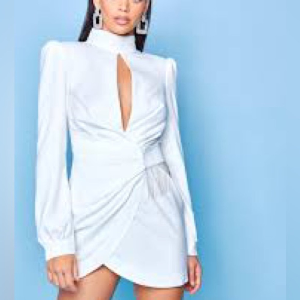 BOOHOO Premium High Neck Long Sleeve White Dress